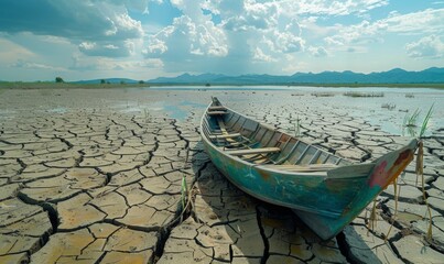 Wall Mural - A cracked and dried lake bed with the remnants of a boat stranded far from any water, illustrating the effects of severe drought and water scarcity