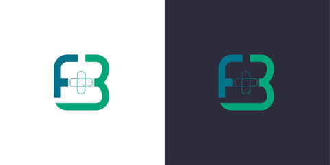 Wall Mural - Letter F and B logo monogram, minimal style identity initial logo mark with a medical cross. vector emblem green and blue logotype for business cards initials.