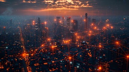 Wall Mural - A cityscape at dusk with an orange glow, showcasing tall buildings interconnected by a digital network grid, highlighting urban technology and connectivity.