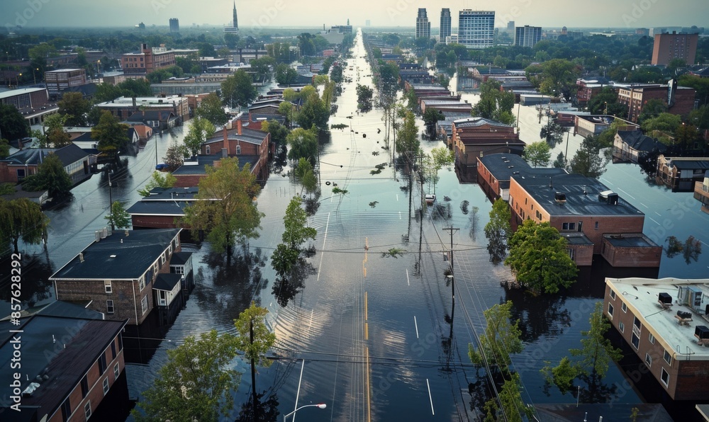 A flooded urban area with streets submerged under water, depicting the ...