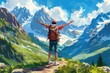 © kitipol - A cheerful traveler stands on a mountain trail, arms outstretched, embracing the natural beauty around, framed by towering peaks and open sky, providing plenty of room for personalized messages or