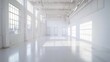 © kitipol - Spacious white warehouse with a minimalistic design and an empty, open floor plan, set against a pure white background.