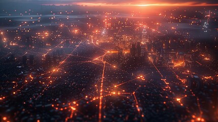 Wall Mural - Evening transition captures a city under glowing network grids, depicting the intertwining of urban progress and digital evolution at sunset.