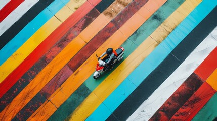 Aerial view of a street or road painted with colorful stripes and someone riding a motorcycle on this road.