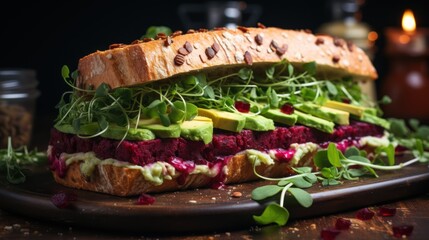 Wall Mural - Vegan Sandwich with Beetroot, Avocado and Microgreens
