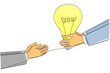 © Simple Line - Continuous one line drawing hand giving lightbulb to colleague. Providing best advice for the good and progress of business. Great partner. Brainstorming. Single line draw design vector illustration
