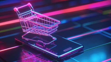 A shopping cart sits atop a smartphone in a vibrant neon light setting