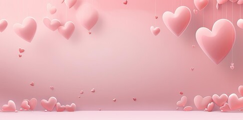 Wall Mural - pink background with hearts on the wall a row of pink hearts arranged in a row, with a white heart on the left and a black heart on the right