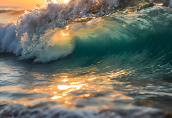 A stunning summer wave under the golden sunlight, creating a beautiful and dynamic scene with sparkling water droplets.