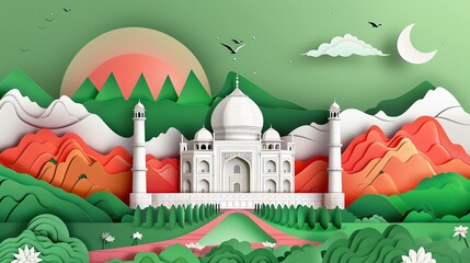 White mosque-shaped paper craft illustration background, green scenery background, Islamic theme, Ramadan