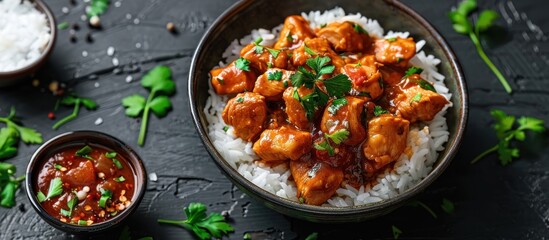 Wall Mural - Chicken Curry with Rice and Parsley Garnish