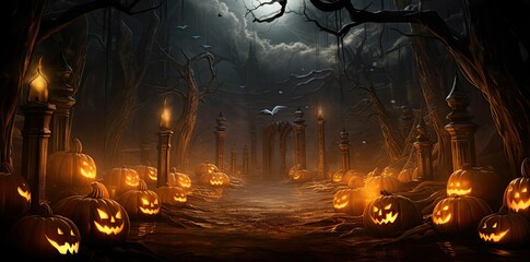 Wall Mural - scary halloween background featuring a variety of pumpkins, including orange, yellow, and white, arranged on a brown ground with a tree in the background