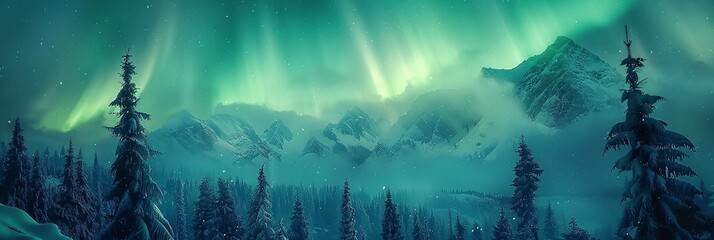Wall Mural - Aurora borealis over the frosty forest. Green northern lights above mountains. Night nature landscape with polar lights. Night winter landscape with aurora. Creative image. Generative ai