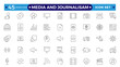 © artshuvo - Journalism and mass media outline icon set. Vector illustration. It contains a microphone, journalist, press conference, newspaper social networks. Editable stroke outline icon.