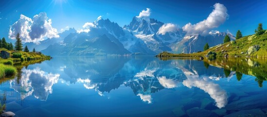 Wall Mural - Mountain Lake Reflection With Blue Sky And White Clouds