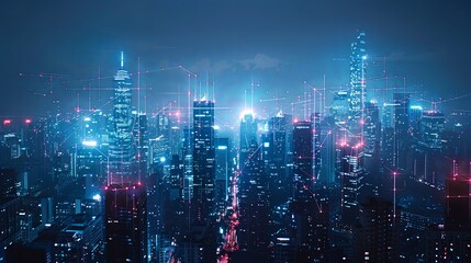 Wall Mural - A futuristic city at night, illuminated with bright blue lights, showcasing an advanced technological environment and modern skyscrapers with a stylized digital network.