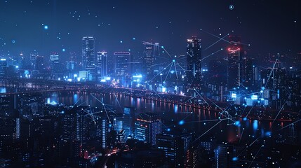 Wall Mural - A vibrant city at night, showcasing a modern skyline with a blue digital network overlay, symbolizing high-tech connectivity and urban integration.