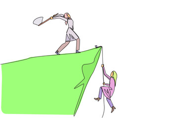 Wall Mural - Single continuous line drawing Arabian businesswoman climbs cliff with rope. Almost successful. Rudely dropped by a business friend. Fake partner. Worst teamwork. One line design vector illustration