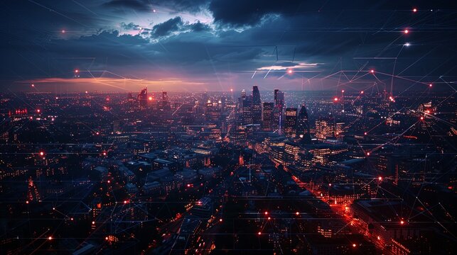 This image captures a dark cityscape under a stormy sky, illuminated by red light networks, conveying a blend of urban sophistication and the looming power of nature.
