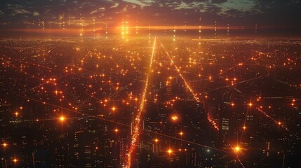 Wall Mural - A futuristic cityscape at sunset is illuminated with countless lights and interconnected lines, symbolizing advanced technology and interconnectedness.