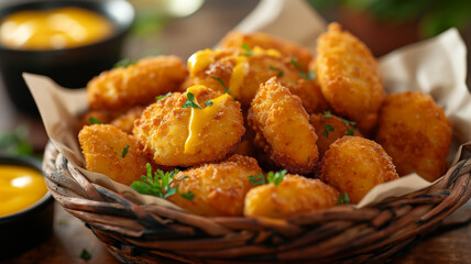 Basket of chicken nuggets with honey mustard sauce.