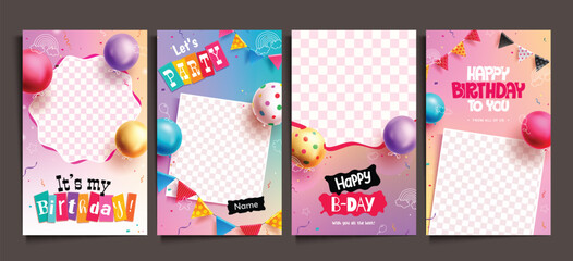 Wall Mural - birthday party cards vector poster set design. birthday party invitation card template collection wi