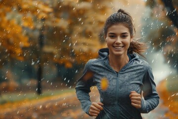 Wall Mural - A beautiful woman is running outdoors in the rain