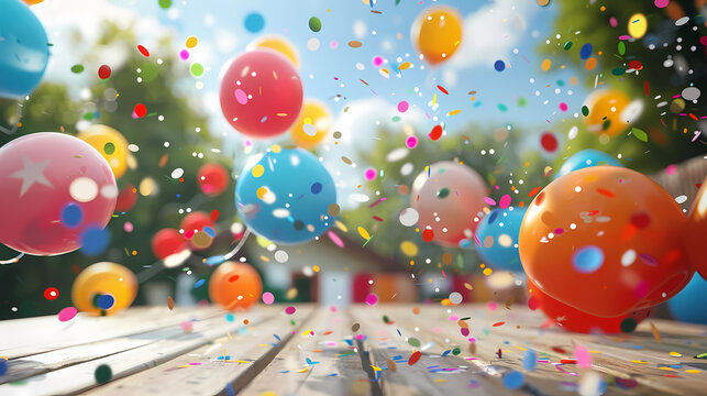 Colorful balloons and confetti for outdoor party