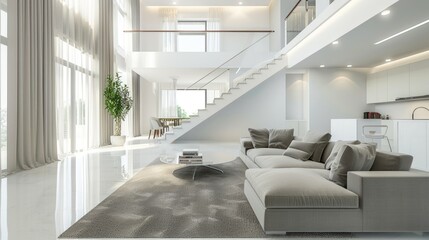Wall Mural - A large living room with a white staircase leading up to a second floor