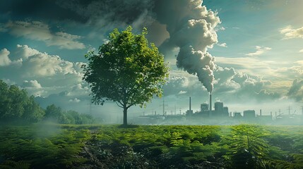 Lush green vegetation fills the foreground while a factory in the background emits smoke, symbolizing the contrast between the thriving environment and industrial pollution.