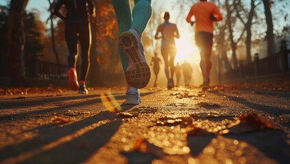 Wall Mural - A group of friends went jogging in the park at sunrise