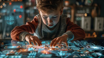 Wall Mural - Futuristic Learning: Child Engages with Augmented Reality Processor in an EdTech Science Technology Concept