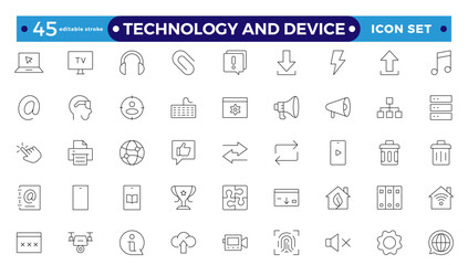 Wall Mural - Technology and Device web icons in outline style. Computer monitor, smartphone, tablet, laptop, Mail, Search, Cloud, Media icon. Editable stroke outline icon