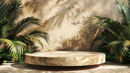 Wall Mural - Cosmetics product advertising podium stand with tropical leaves background. Empty natural stone pedestal platform to display beauty product. Mockup