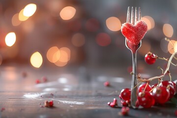 Wall Mural - Banner. Festive table setting.Heart on a fork close-up. Holiday concept. Valentine's Day. Copy space for text, Generative ai