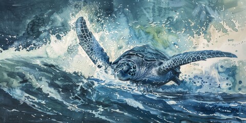 Watercolor painting of a swimming sea turtle. Sea turtles are long distance travelers. Can cross the ocean to find food and migrate to habitat. Use for wallpapers, posters, postcards, brochures.