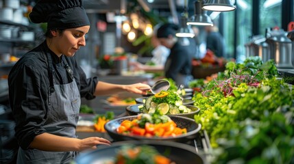 Female chef preparing fresh vegetable dishes in a professional kitchen with an abundance of vibrant, green ingredients.