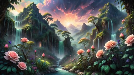 Beautiful Landscape, Mountains, Flowers, Sunset, Birds, Sky, Clouds, Peach, Pink, Blue, Green, Purple, Mixture, Rose, Light, Shadow, Texture
