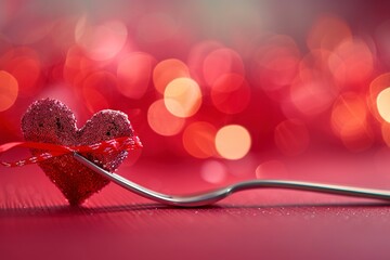 Wall Mural - Banner. Festive table setting.Heart on a fork close-up. Holiday concept. Valentine's Day. Copy space for text, Generative ai