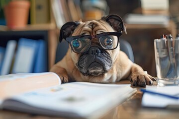 Wall Mural - adorable dog wearing glasses at office desk cute animal photography