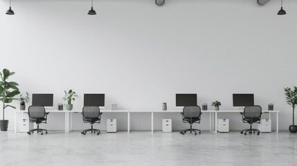 Wall Mural - A white office with three rows of white chairs. Generate AI image