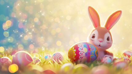 Wall Mural - Illustration of cute rabbit and Easter egg on glittery background..