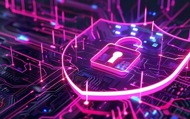 Leinwandbilder - Cyber Security Shield with Neon Lock on Circuit Board