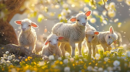 Wall Mural - cute lambs on field in spring. 