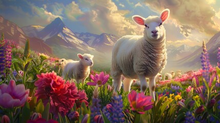 cute lambs on field in spring. 