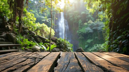 blind podium made of wood; blurred tropical nature with a waterfall in the background; light natural warm colors, 2:1, banner landing page