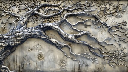 Wall Mural - A decorative wall panel featuring a large, intricate carving of a tree, its branches sprawling across the surface, painted in a subtle silver