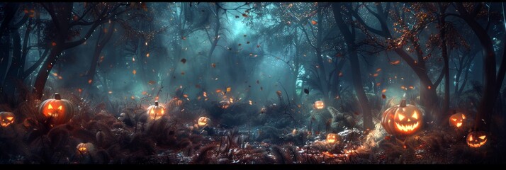 Halloween night background with pumpkins and dark forest. Happy Halloween. The concept of Halloween Day with copy space