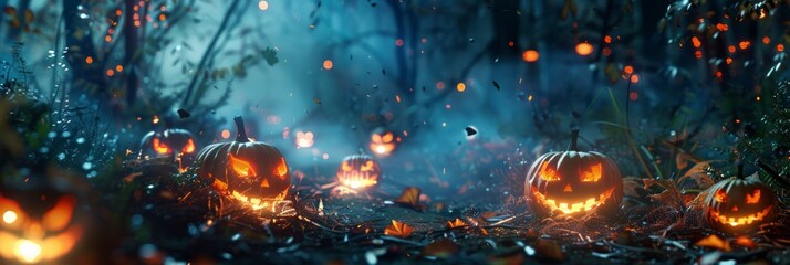 Wall Mural - Halloween night background with pumpkins and dark forest. Happy Halloween. The concept of Halloween Day with copy space