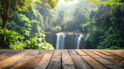 blind podium made of wood; blurred tropical nature with a waterfall in the background; light natural warm colors, 2:1, banner landing page